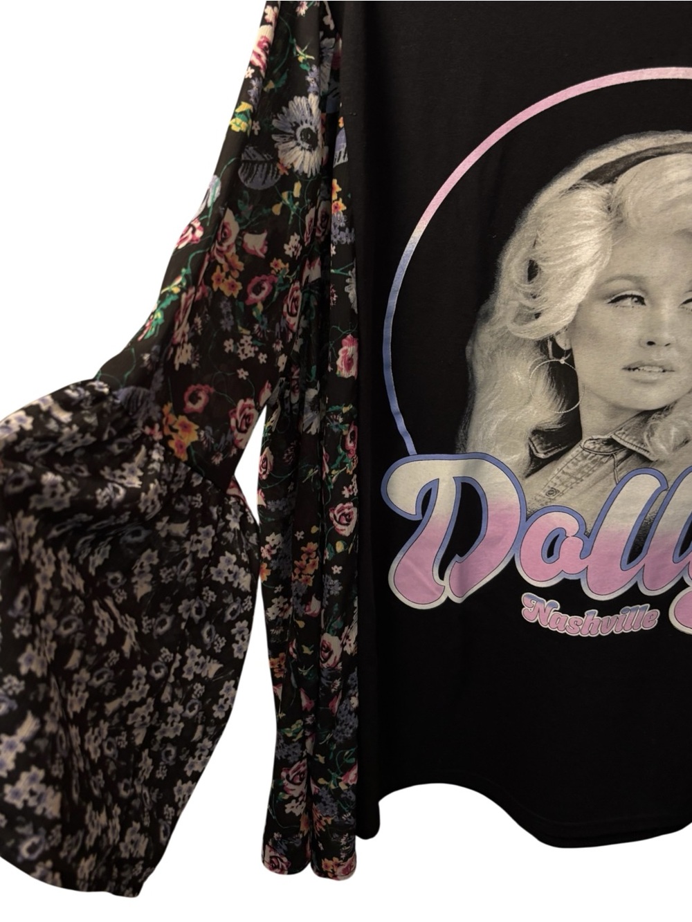 Dolly Graphic Black Tee Upcycled with Floral Sleeves - Picture 2 of 2